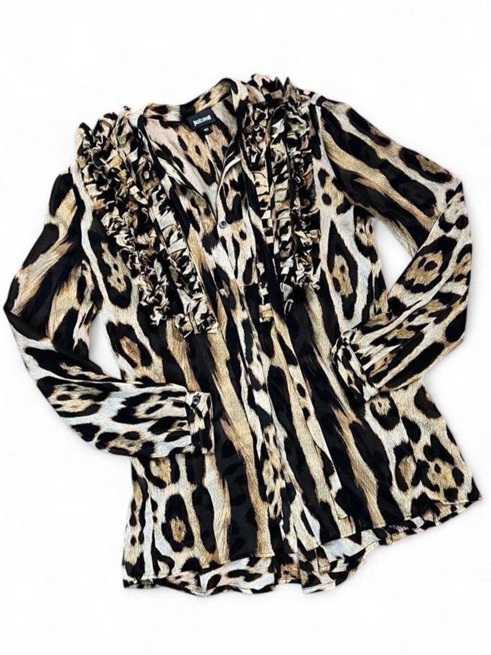 Just Cavalli Leopard-Print Ruffle Blouse in Tan and Black